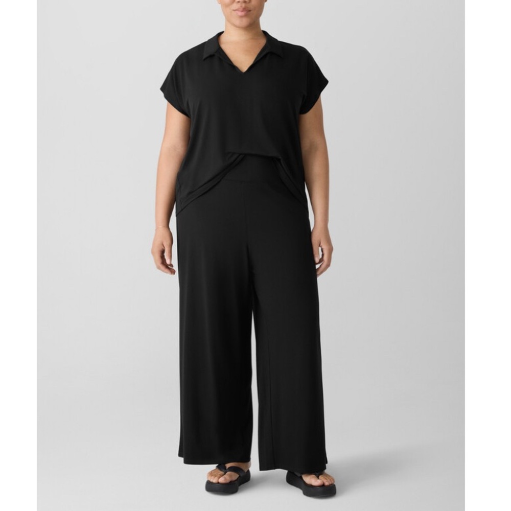Eileen Fisher Woman Black Wide Leg Cropped Jersey Stretch Knit Trouser Pants